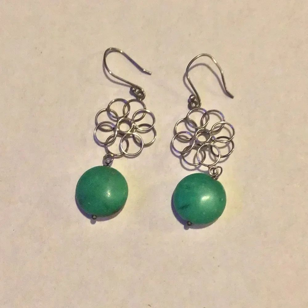 Handmade Floral Silver and Turquoise Earrings